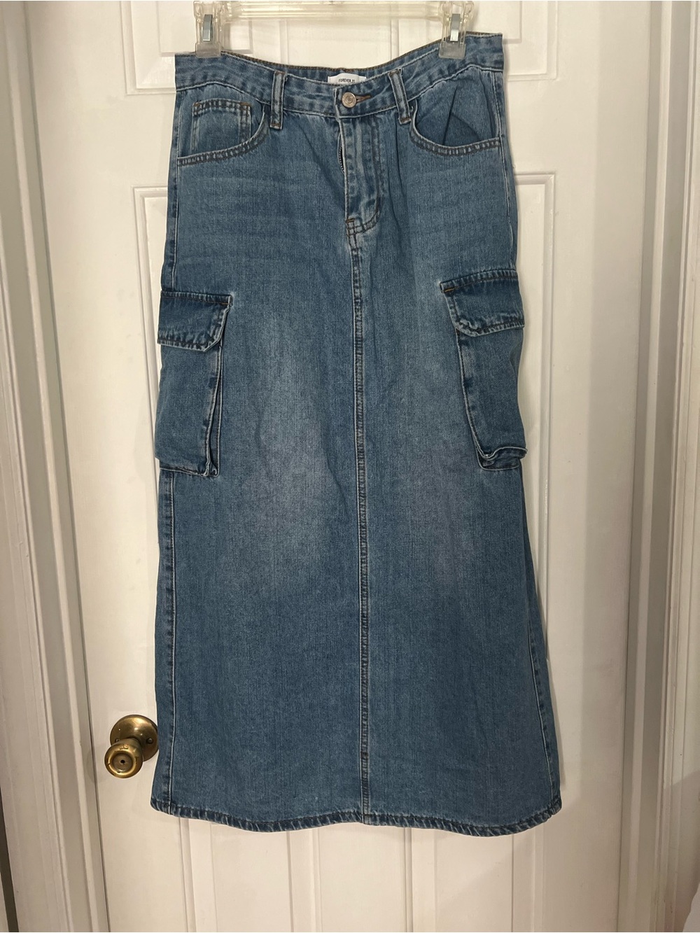 Forever 21 Blue Denim Straight-Leg Maxi Skirt with Cargo Pockets - Picture 3 of 3